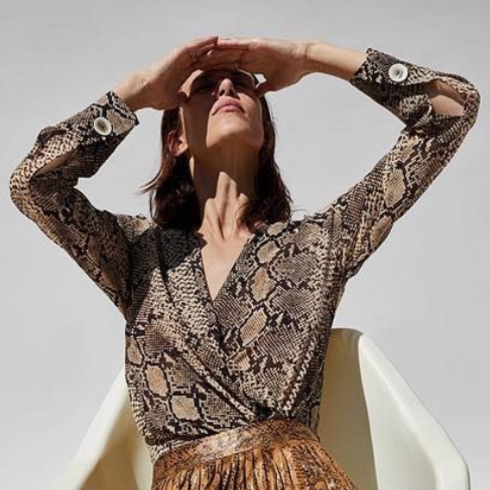 ZARA Semi Sheer Snake Print Draped Blouse - Picture 1 of 5
